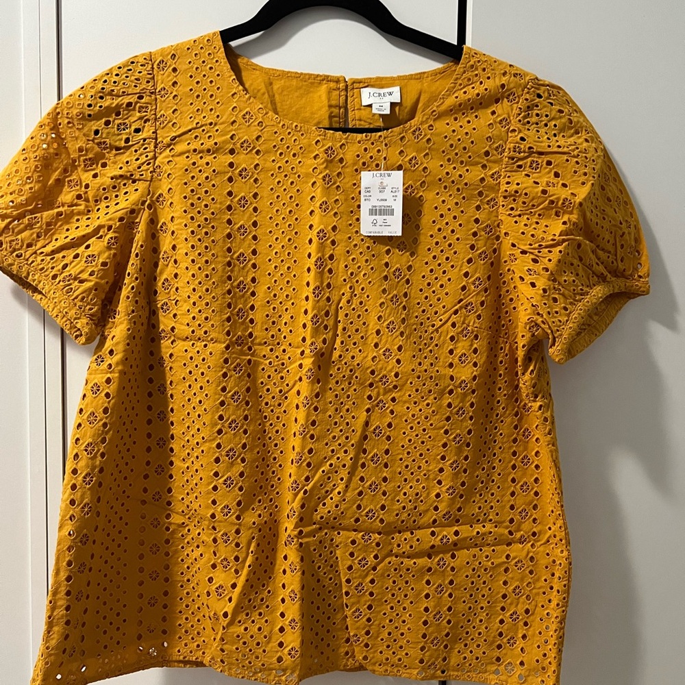 J. Crew Mustard Yellow Eyelet Short Sleeve Top